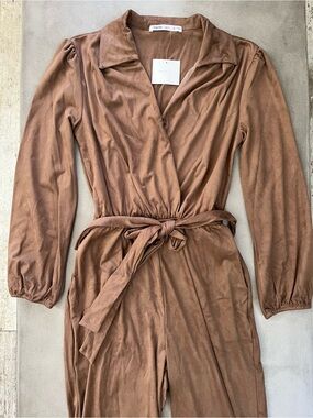 FRAICHE BY J Faux Suede Belted Long Sleeve Jumpsuit In Taupe Size Small NWT